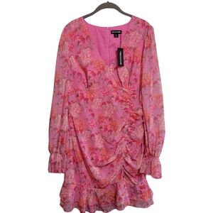 PrettyLittleThing Pink Floral Ruched  Frill Hem Shift Mini Dress Size 16